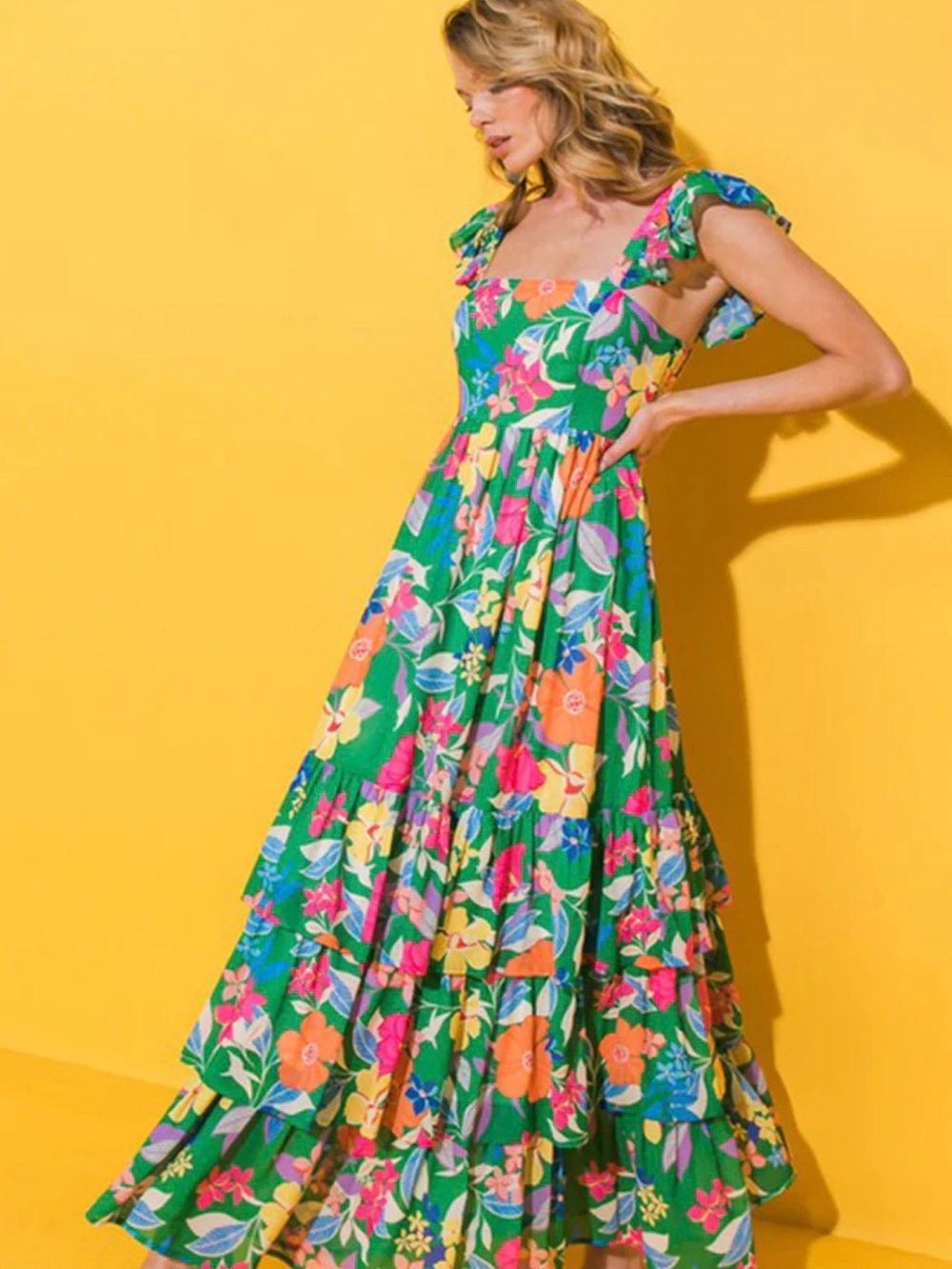 Baltic Born Green Floral Maxi Dress with Ruffle Straps and smocked back